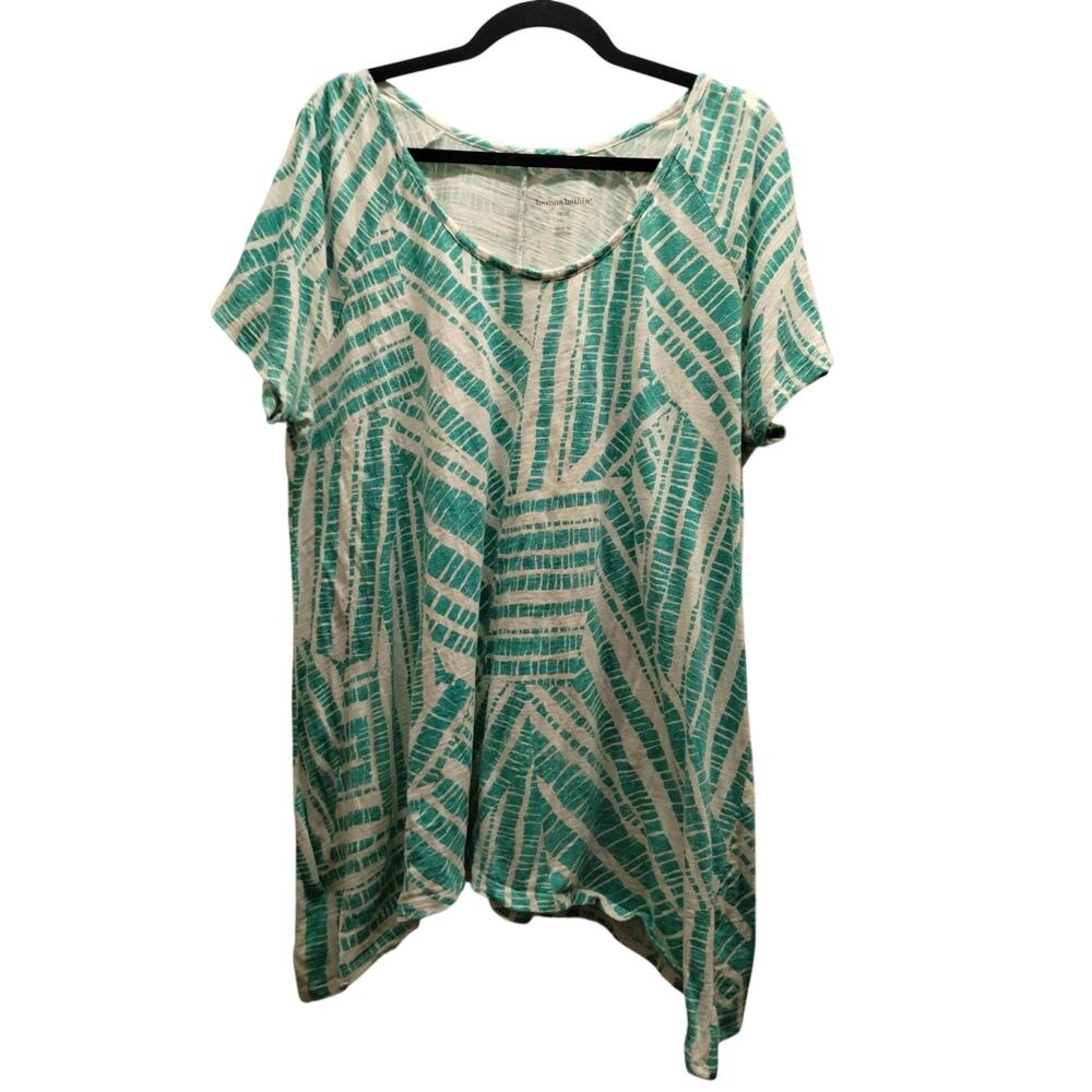 Woman Within Size 18/20 Green White Geometric Asymmetric Hem Tunic Top